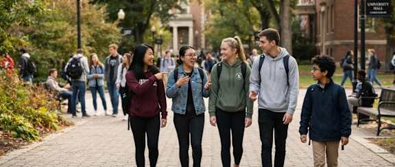 A group of students walking on a campus path.