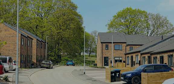A residential street with cars parked on the side.