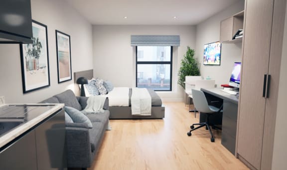 Floor Plan  a bedroom with a couch and a desk and a window