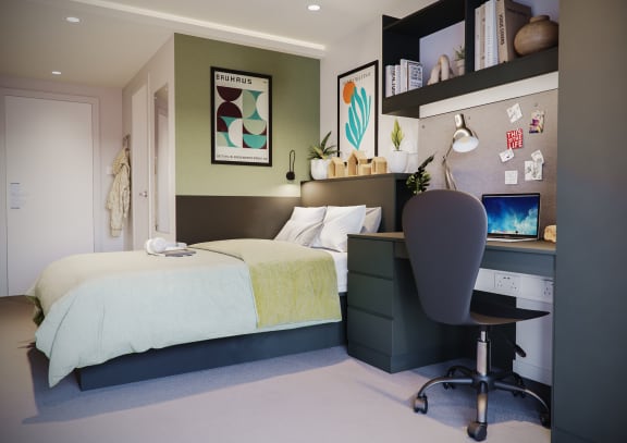 Floor Plan  a small bedroom with a bed and a desk