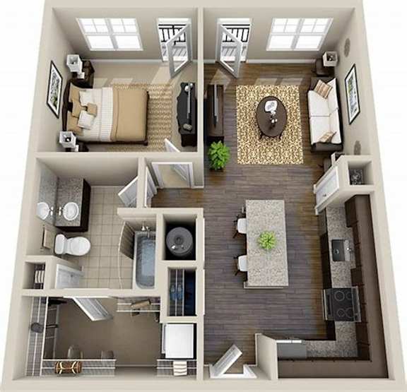A 3D floor plan of a small apartment with a kitchen, living room, and bathroom.
