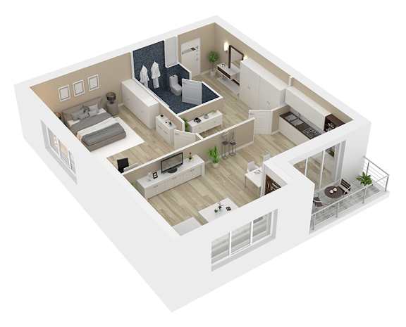 A 3D rendered image of a modern apartment layout.