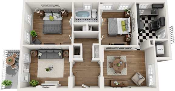 A 3D floor plan of a house showing the layout of the rooms.