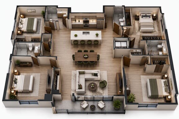 A top-down view of a modern apartment layout with multiple rooms and furniture.