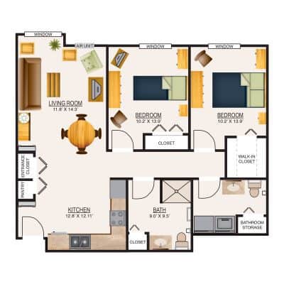 three level floor plan of a house with bedrooms and baths