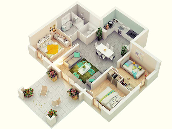 A 3D floor plan of a house with a living room, dining room, kitchen, and two bedrooms.