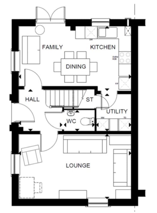 A black and white floor plan of a house with labeled rooms.