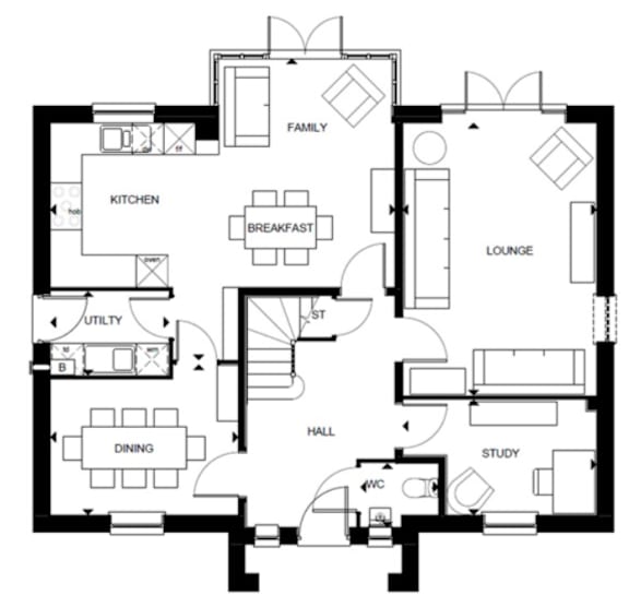 A black and white floor plan of a house with labeled rooms.
