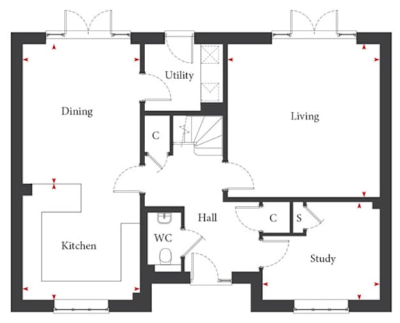 A floor plan of a house with a kitchen, dining room, living room, hall, study and utility room.