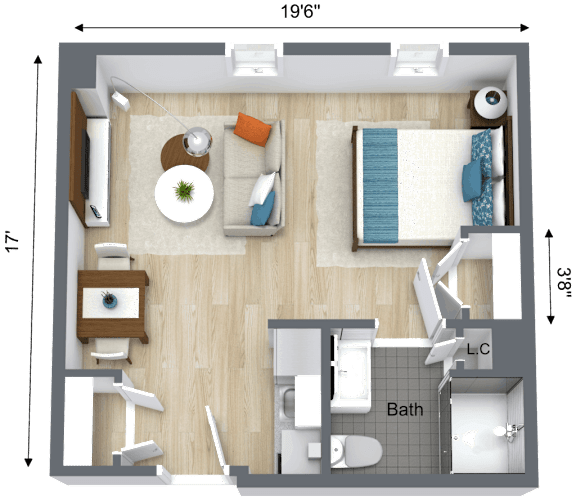 a 3d drawing of a bedroom with a bathroom and a living room