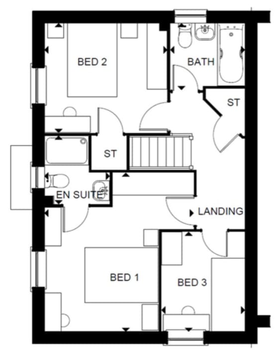 A black and white image of a floor plan for a house with three bedrooms and a bathroom.