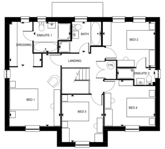A black and white floor plan of a house with four bedrooms and a garage.