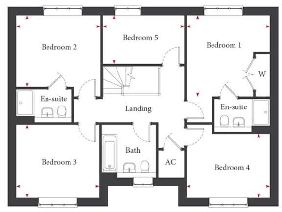 A floor plan of a house with five bedrooms and two en-suite bathrooms.