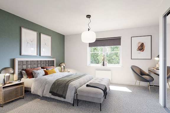 A bedroom with a large bed and a chair.