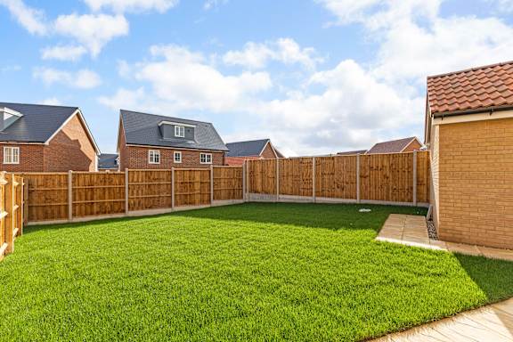 A backyard with a wooden fence and green grass.