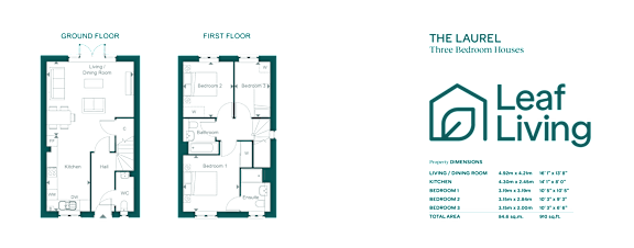A floor plan for a three bedroom house is displayed with a logo for Leaf Living.