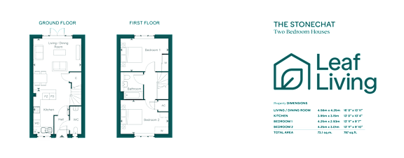Two floor plan of a house and a leaf living logo.