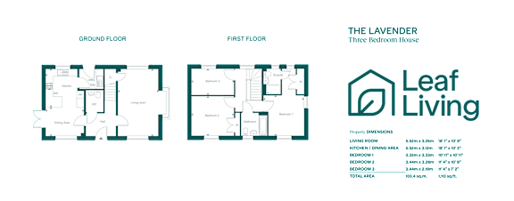 A diagram shows the layout of the ground floor and first floor of The Lavender Three Bedroom House by Leaf Living.
