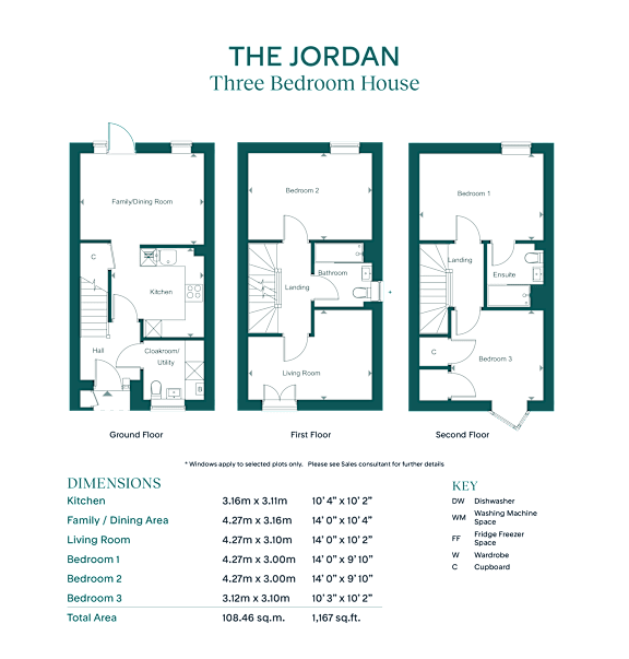 A diagram of the Jordan, a three bedroom house, showing the layout of each floor.