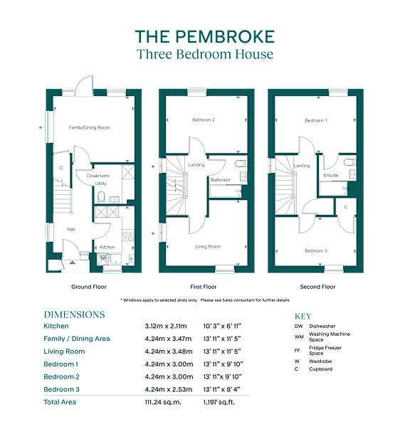A diagram of the Pembroke, a three bedroom house layout.