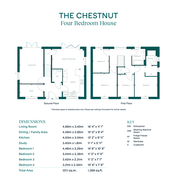 A floor plan and dimensions of a four bedroom house called The Chestnut.