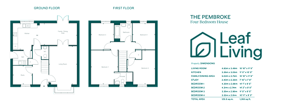 A floor plan of a four bedroom house is displayed with a logo for Leaf Living on the right side.