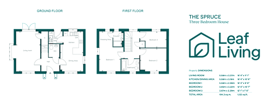 A floor plan for a three bedroom house is displayed with a logo for Leaf Living.