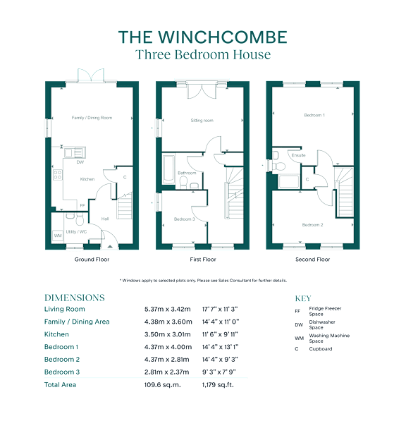 The image shows a floor plan for a three bedroom house with labeled rooms and dimensions.