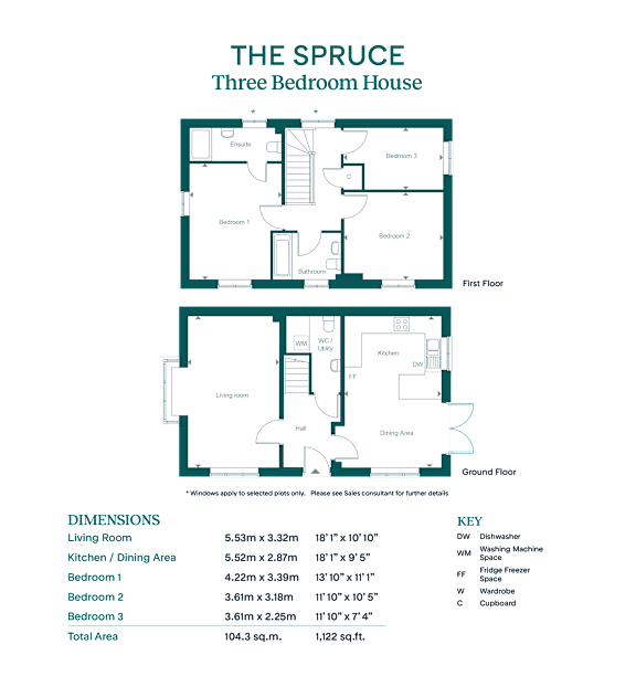 A floor plan for a three bedroom house is displayed with dimensions and a key for the rooms.