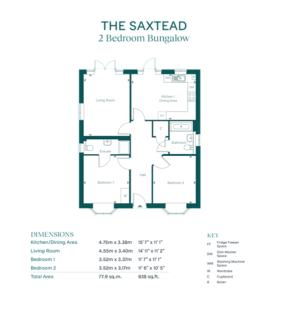 A floor plan of a two bedroom bungalow with a living room, kitchen, dining area, and bathrooms.