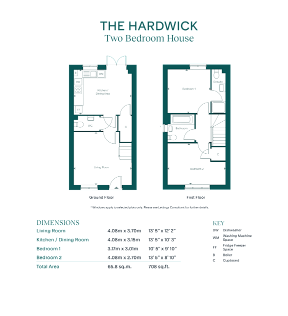 A floor plan for a two bedroom house with a living room, kitchen, dining room, and two bedrooms.