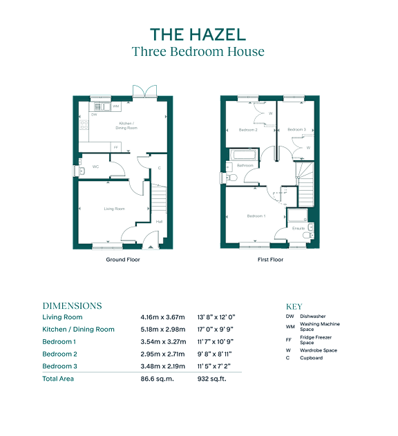 A floor plan for a three bedroom house with dimensions and a key for the rooms.