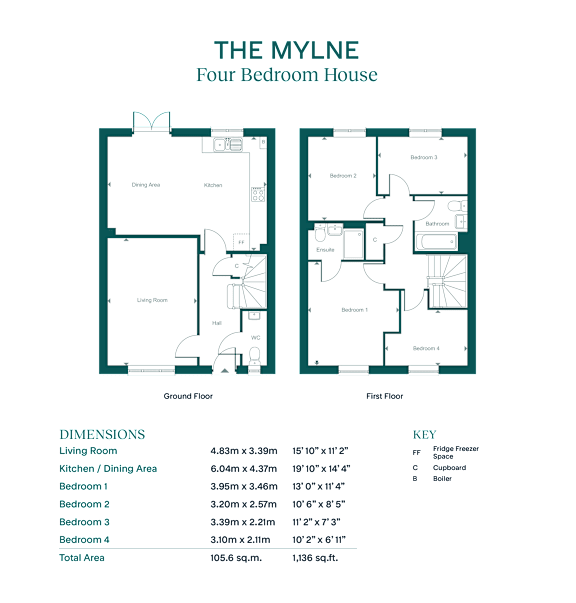 A floor plan of a four bedroom house with a living room, kitchen, dining area, and four bedrooms.