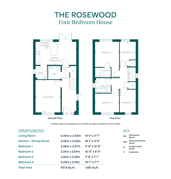 A diagram of a four bedroom house with a living room, kitchen, dining room, and bathrooms.