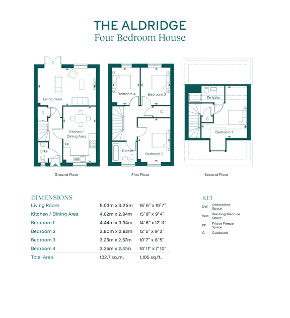 A diagram of THE ALDRIDGE Four Bedroom House showing the layout of the rooms.