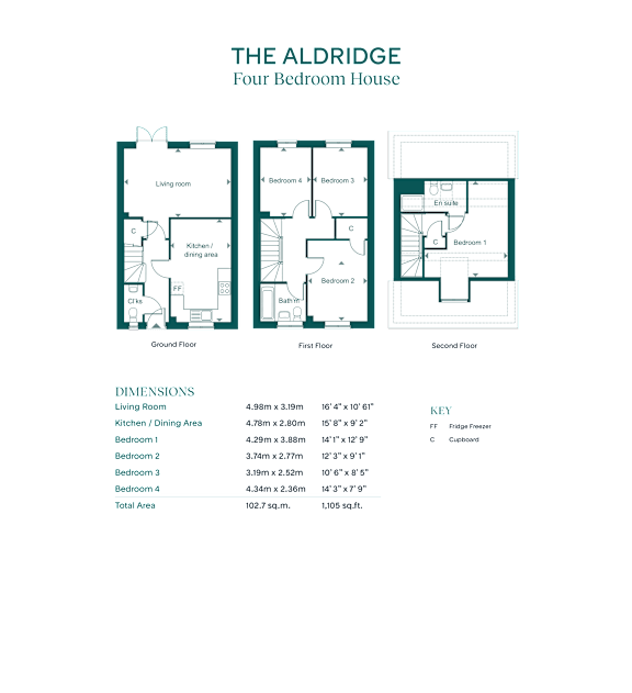 A page from a brochure showing a floor plan of a four bedroom house and its dimensions.