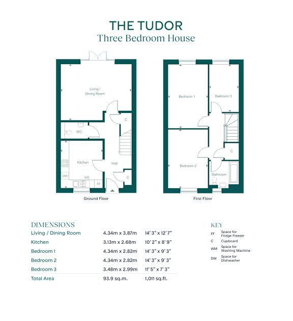 A floor plan for a three bedroom house is displayed with dimensions and a list of features.