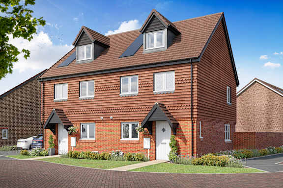A red brick house with a white door and windows.