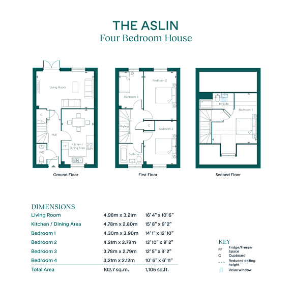 A diagram of a four bedroom house with labeled dimensions.