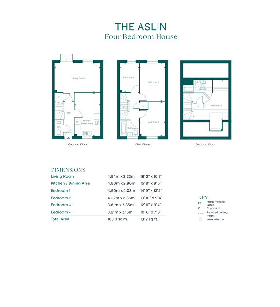 The image shows a floor plan of a four bedroom house with labeled rooms and dimensions.