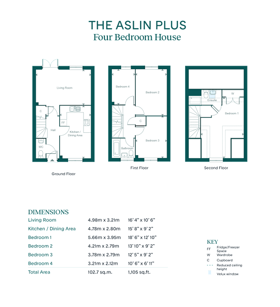 A floor plan for a four bedroom house is displayed with a list of dimensions.