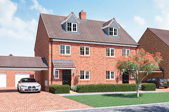 A red brick house with a white car parked in front.