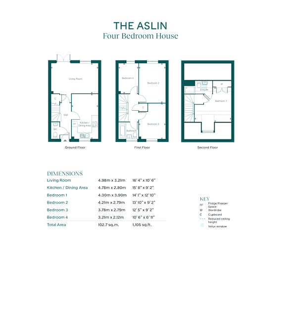 The image shows a floor plan of a four-bedroom house with labeled rooms and dimensions.