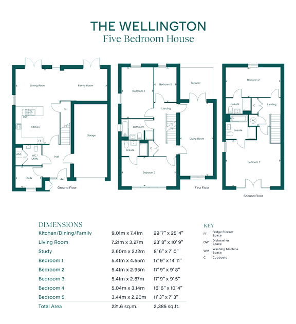 A diagram shows the layout of a five bedroom house with detailed floor plans and dimensions.