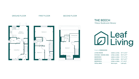 A floor plan for a three bedroom suite at Leaf Living.