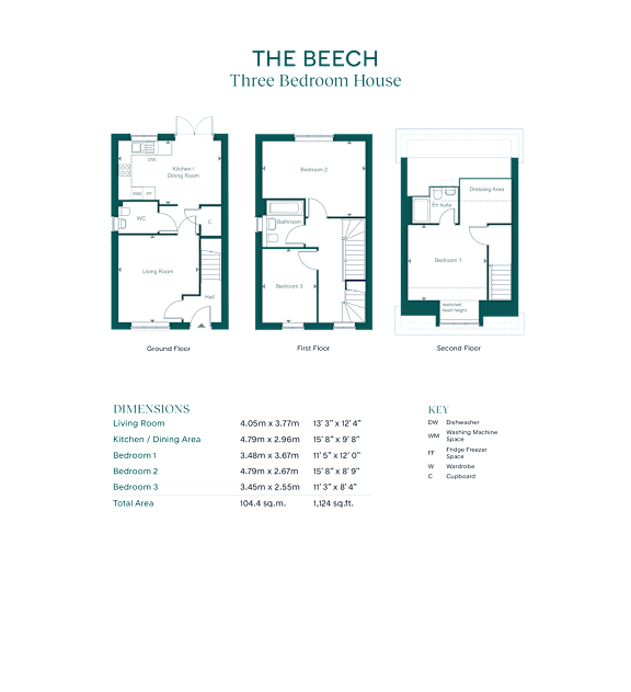A floor plan for a three-bedroom apartment is displayed.
