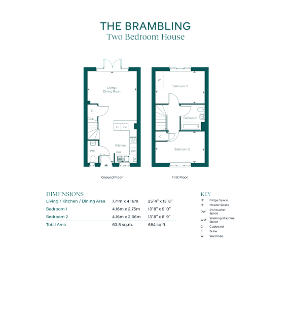 A diagram of a two bedroom house layout with dimensions and elevations.