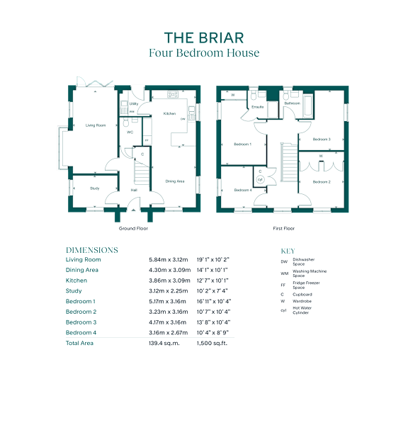 A floor plan and specifications for a four bedroom house named The Briar.