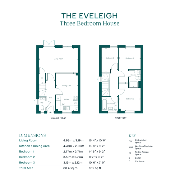 A floor plan for a three bedroom house is displayed with a kitchen, dining area, and living room.
