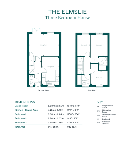 A floor plan for a three bedroom house is displayed with the living room, dining area, and bedrooms labeled.